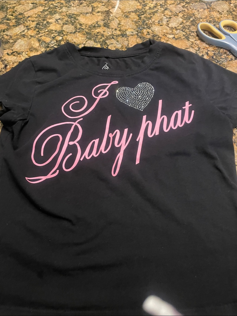 Baby Phat Black Tee with Pink Script and Rhinestone Heart Accent
